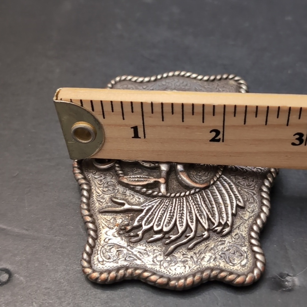Western/Navajo Style Metal Belt Buckle, Features A Longhorn Skull with Feathers. - Picture 7 of 7